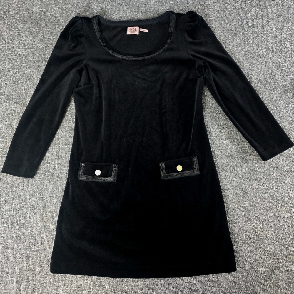 Juicy Couture Black Velour Shift Dress Sz Large Embellished Neckline & Pockets